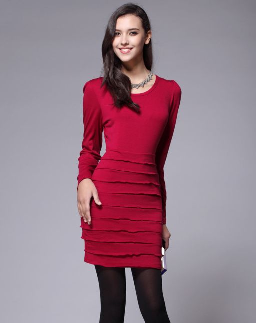 <em>ZIMMUR女装专场</em>酒红色长袖气质OL修身连衣