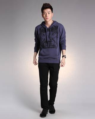 男款灰蓝色双生儿美女图长袖连帽卫衣-唯品会