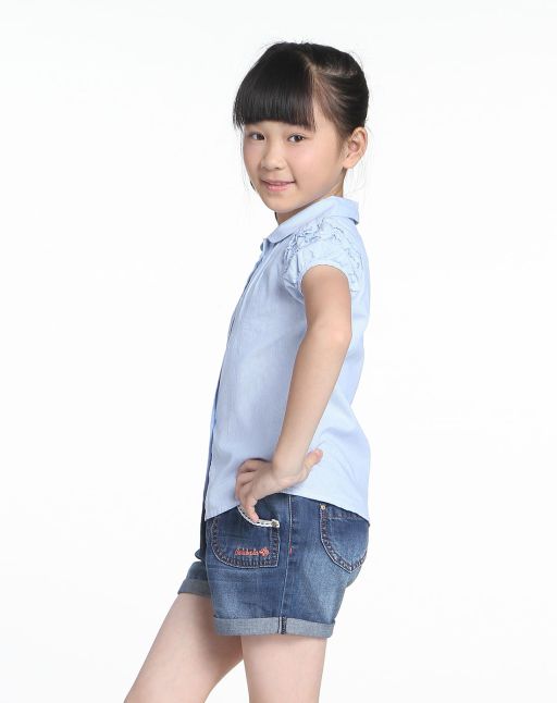 <em>女</em>小童甜美小木耳花边<em>淡蓝色</em>短袖<em>衬衫</em>-唯品会