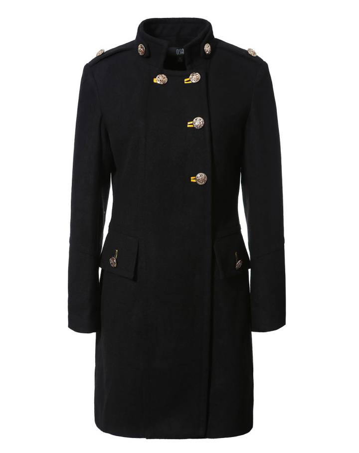 黑色长款军装风毛呢外套
