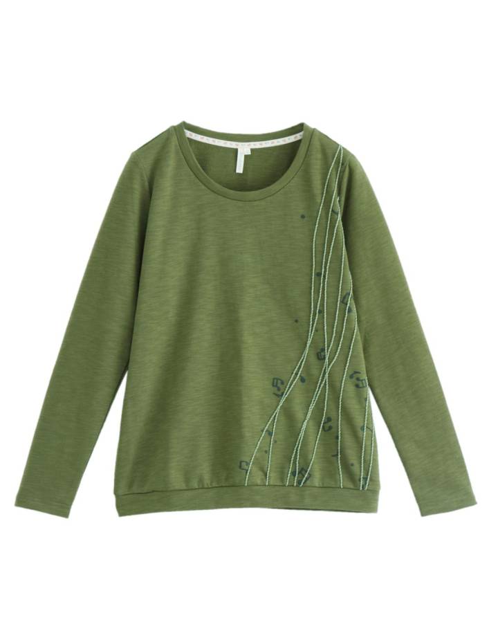 草绿色绣花休闲长袖针织t恤